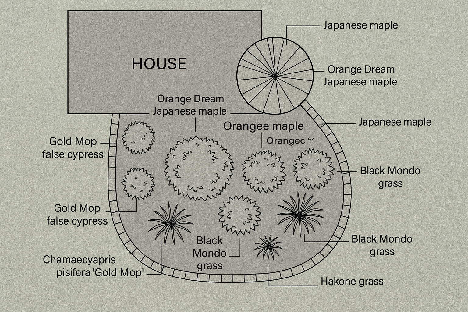 Detailed planting plan layout for shrubs and grasses.